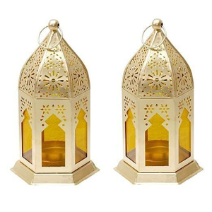 Lanterne marocaine artisanale Porte-bougie chauffe-plat avec panneaux en verre rose et finition or antique pour la décoration de la maison Prix d'usine - Product Image 2