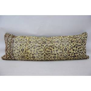 Vintage Floral Kantha Wool <b>Pillow</b> 16x48 Inch Beige Patterned Cushion Woven Technics - Product Image 1