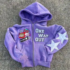 Haute qualité lavage à l'acide Streetwear Boxy recadrée en détresse Vintage broderie Patch sweat à capuche zippé français Terry à capuche personnalisé - Product Image 5