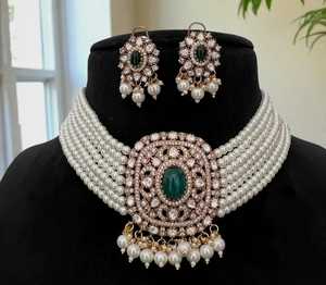 Elegante mate chapado en oro Polki Kundan gargantilla pendientes conjunto de joyería de latón de moda para fiestas bodas y celebraciones de aniversario - Product Image 1