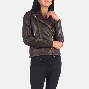 Carolyn – veste de motard Vintage marron pour femme, en cuir véritable peau de mouton, Aniline, fermeture éclair, doublure et intérieur en Viscose - Product Image 2