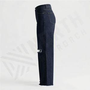 Customizable Wholesale <b>Women</b> Denim <b>Jeans</b> Sand Wash Breathable Dip Dye Ripped Frayed Straight Premium Trendy Fashion Trousers - Product Image 3