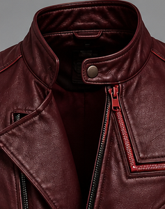 Men's <b>Burgundy</b> <b>Leather</b> <b>Jacket</b> Moto Biker Style With Belt and Zipper Closure - Product Image 2
