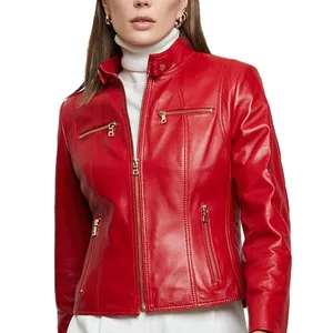 Chaqueta de motorista de cuero rojo de piel de cordero genuina suave Aubrey Buttery con cuello de botón a presión