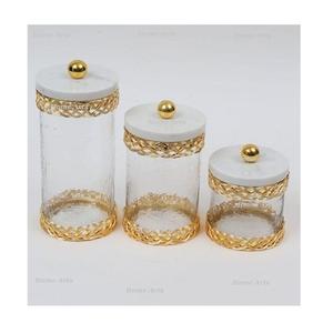<b>Glass</b> and metal <b>sweets</b> <b>jar</b> with marble lid set of 3 different sizes dry fruits storage box at affordable price - Product Image 2