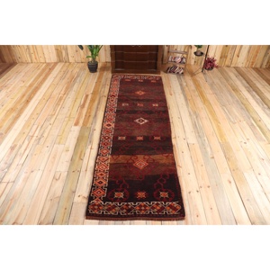 Vintage Rug, 3.1x8.6 ft Runner Rug, <b>Brown</b> Red Herki <b>Wool</b> Rug - Product Image 1