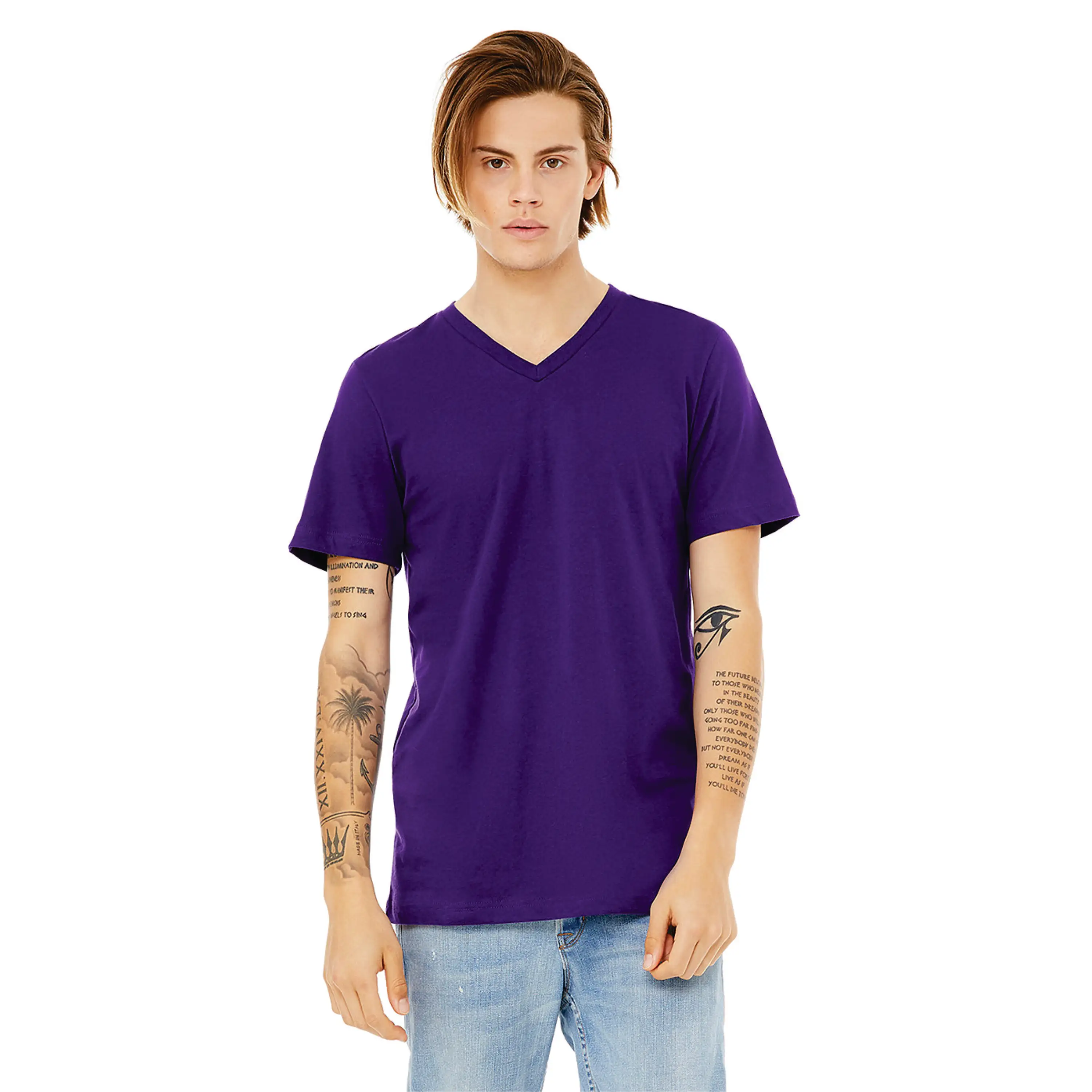 100% Airlume Combed and Ring Spun Cotton 32 Single 4.2 oz Purple Essential Unisex Jersey Short Sleeve V-Neck T-Shirt