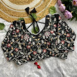 Tela Georgette suave pesada en bordado C-Pallu Multi hilo Codding y trabajo de secuencia Sari negro para ropa de fiesta de boda - Product Image 4