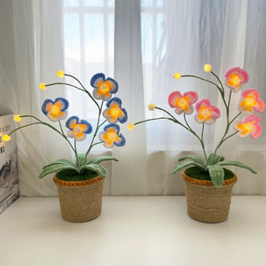 Fleurs artificielles Phalaenopsis en pot, finies, avec lumières LED, en fil tricoté à la main, pour décoration de Noël et de la maison, petites, pour l'exportation transfrontalière - Product Image 5