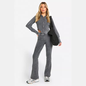 Ropa de calle de estilo Vintage con cremallera, chándal lavado con ácido, conjunto de Sudadera con capucha recortada de peso pesado, Top corto de Fitness para mujer, ropa de gimnasio de alto impacto - Product Image 1