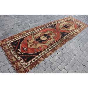 3.3x11.5 ft Rug, Vintage Turkish Rug, <b>Red</b> Patchwork <b>Wool</b> Rug - Product Image 3