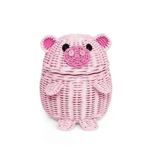 Small Pig Rattan Storage Basket with Lid - Decorative Hand-Woven Shelf Organizer, Cute Handmade Gift, Handcrafted Decoration