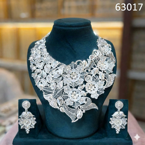 Luxury <b>Gold</b> Finish Peacock Floral Designer Necklace <b>Set</b> with Statement Pendant & Matching <b>Earrings</b> 63111 - Product Image 4