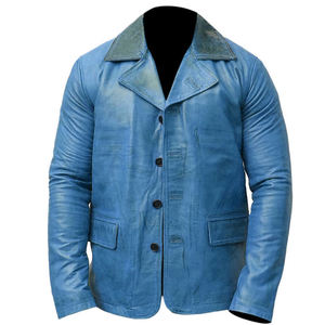 Blouson en cuir marron personnalisé pour homme, col montant, fermeture éclair, tissu tricoté enduit, face unie teinte, coupe-vent et respirant - Product Image 6