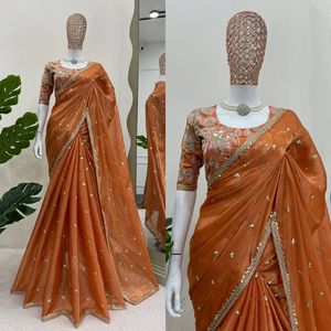 Sari de Satén Fandy con Diseño Exclusivo y Elegante Blusa, Estilo Étnico Moderno, Última Moda India, Ropa de Fiesta Modesta para Mujer - Product Image 3