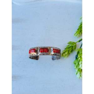 Vintage Navajo Fashion <b>Cuff</b> <b>Bracelet</b> Handmade with Coral & Sterling <b>Silver</b> - Product Image 1