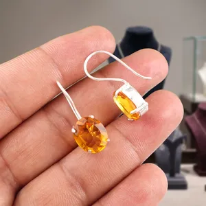 Magnifiques boucles d'oreilles pendantes en citrine jaune de style indien, en argent sterling 925 plaqué, pour unisexe, cadeau et tenue de soirée - Product Image 4
