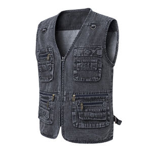 Chaleco vaquero personalizado para hombre, prendas de vestir con bolsillos con cremallera, chaleco vaquero Cargo, ropa de calle de Hip Hop, chaleco vaquero para hombre con cierre de cremallera - Product Image 1