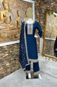 Indian Women's Ethnic Georgette <b>Silk</b> <b>Kurta</b> with Embroidered Zari Work Pent and Dupatta - Product Image 3