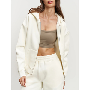 เสื้อมีฮู้ดสองชั้นแบบมีซิปโอเวอร์ไซส์สำหรับผู้หญิงลายโลโก้แบบกำหนดเองที่ปกเสื้อแบบไหล่ตกด้านหน้า - Product Image 1