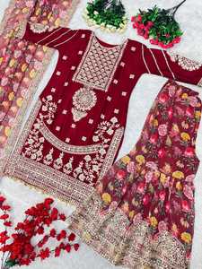 NOUVEAU DESIGNER HEAVY PAKISTANI SHARARA SUIT SET PARTY WEAR DRESS FESTIVAL WEAR AVEC BELLE CHINON SOIE TISSU SEQUENCE WORK - Product Image 5