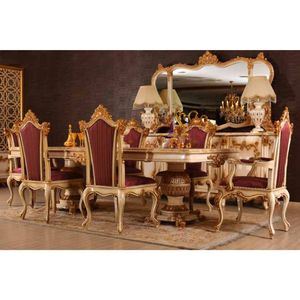 Ensemble de table à manger en bois massif moderne de luxe, convertible, en teck sculpté, finition italienne en PU, rouge or, rembourré, entrée, hôtel - Product Image 1