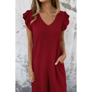 Mono aeróbico largo de manga corta con cuello en V y espalda profunda con cordones para mujer, 35679 - Rojo - Product Image 5