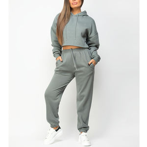 Top court personnalisé à capuche et pantalon ensemble femmes vente en gros coton polaire deux pièces à capuche et pantalon de survêtement ensemble pour femmes - Product Image 2