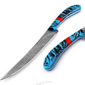 Couteau de pêche personnalisé fait main Jexmoo, lame en acier Damas, couteau à fileter avec étui en cuir, cadeau pour pêcheur - Product Image 1