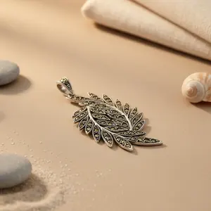 Pendentif feuille en argent 925 avec marcassite pour femmes, bijoux de mode pour colliers - Product Image 1
