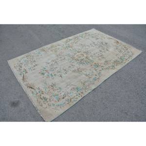 Classic Beige Blue Vintage Turkish Rug 5.2 X 8.3ft Handmade Eco Friendly Medium Pile Patchwork Design Wool Bamboo Silk Material - Product Image 3