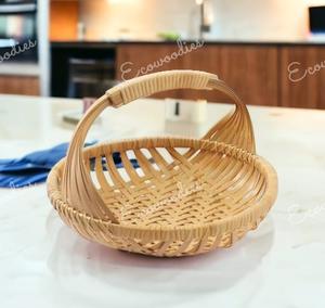 Panier en bambou élégant avec poignée pour ustensiles de cuisine à la maison Panier en bambou décoratif pour fruits et légumes ronds naturels - Product Image 2