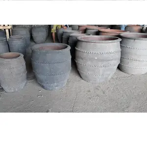 [Ecova装饰] 巨大的刺圆形老石花园陶罐-喷砂陶瓷植物瓮-高烧黑陶罐