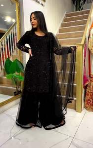 Ensemble indien brodé de paillettes Sharara Gharara Kurti de créateur pakistanais vêtements ethniques 3 pièces robe lourde Salwar ensemble filet à papillons - Product Image 4