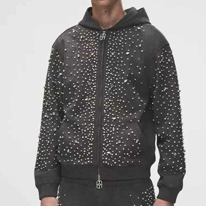 Sweat à capuche personnalisé avec strass, streetwear unisexe, sweat à capuche surdimensionné avec fermeture éclair, strass et perles, pour hommes - Product Image 1