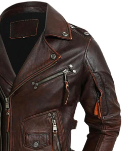 แจ็กเก็ตหนังแท้กระดุมสองแถวสำหรับผู้ชายสไตล์ใหม่พร้อมปกซิปเสื้อโค้ทหนังแท้สีดำแดงน้ำตาล - Product Image 5