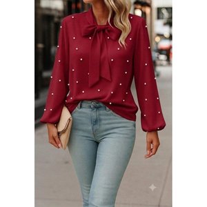 Women'<b>s</b> Long-Sleeved Imported Crepe <b>Blouse</b> with Bow Detail <b>and</b> Pearl Embellishments, 37312 - Red - Product Image 1