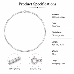 925 纯银锆石网球项链 42.5 厘米弹簧环扣高抛光珠宝链 - Product Image 6