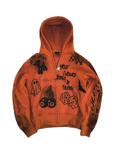 Sweat à capuche surdimensionné pour homme, imprimé en relief, effet délavé, en molleton 100% coton épais, avec fermeture éclair ornée de strass de haute qualité - Product Image 1