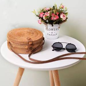 Boho Hand Weaved Round Rattan Wicker Basket <b>Bag</b> Shoulder <b>Bags</b> With <b>Straps</b> Bulk Quantity Best Sellers - Product Image 6