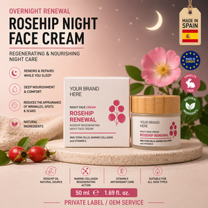 Crema Facial Nocturna de Rosa Mosqueta de Marca Privada 50ml OEM |   Crema Reparadora Antienvejecimiento con Colágeno |   Cuidado de Arrugas y Cicatrices España UE - Product Image 1