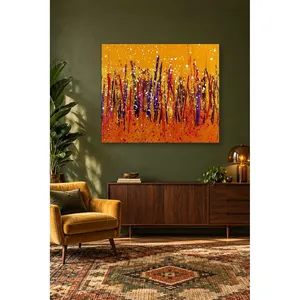 ภาพพิมพ์บนผ้าใบลายเส้นแปรงสีม่วงและสีแดงบนพื้นหลังสีส้ม - Product Image 5