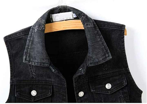 Gilet en jean court décontracté pour femme en élasthanne/polyester, veste en coton respirant écologique pour l'automne, broderie de badge personnalisée - Product Image 3