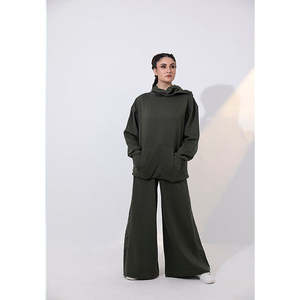 Ensemble de survêtement décontracté pour femme en coton éponge uni, coupe ample, avec pantalon de jogging à jambes larges et capuche, cordon de serrage, pour l'hiver - Product Image 6