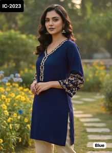 Nuevo diseñador de ropa diaria e informal para mujer, Kurtis cortos de rayón pesado y parte superior con hermoso trabajo de bordado, Kurtis cortos de bajo precio - Product Image 5