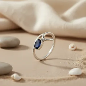 Bague ovale en argent 925 avec saphir bleu, sertissage clos, classique, pour femme - Product Image 3
