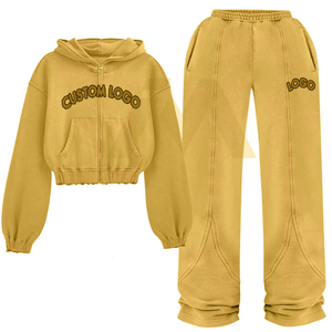 Chándal de mezcla de algodón de alta calidad Logotipo personalizado Puños elásticos Cremallera Parte superior con capucha frontal + Joggers de pierna ancha Chándal recortado - Product Image 4