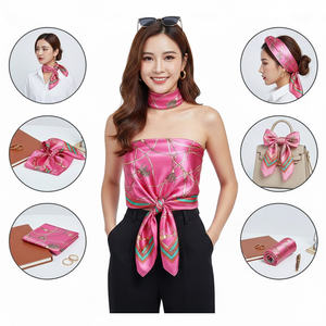 Écharpe en satin de soie rose vif de luxe à imprimé chaîne et pompons, carrée de 90 cm, pour femme, à porter comme <span class=keywords><strong>bandeau</strong></span> ou top sans bretelles pour les soirées - Product Image 1