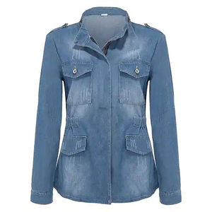 Veste en jean délavé bleu pour femme, coupe ajustée, taille élastique, avec poches, manches longues, style décontracté et effet usé - Product Image 4