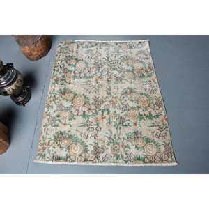 Tapis turc vintage 3.2x4 pieds en laine beige vert fait main grande surface avec motif patchwork pour chambre d'ado couloir latex soutenu - Product Image 1